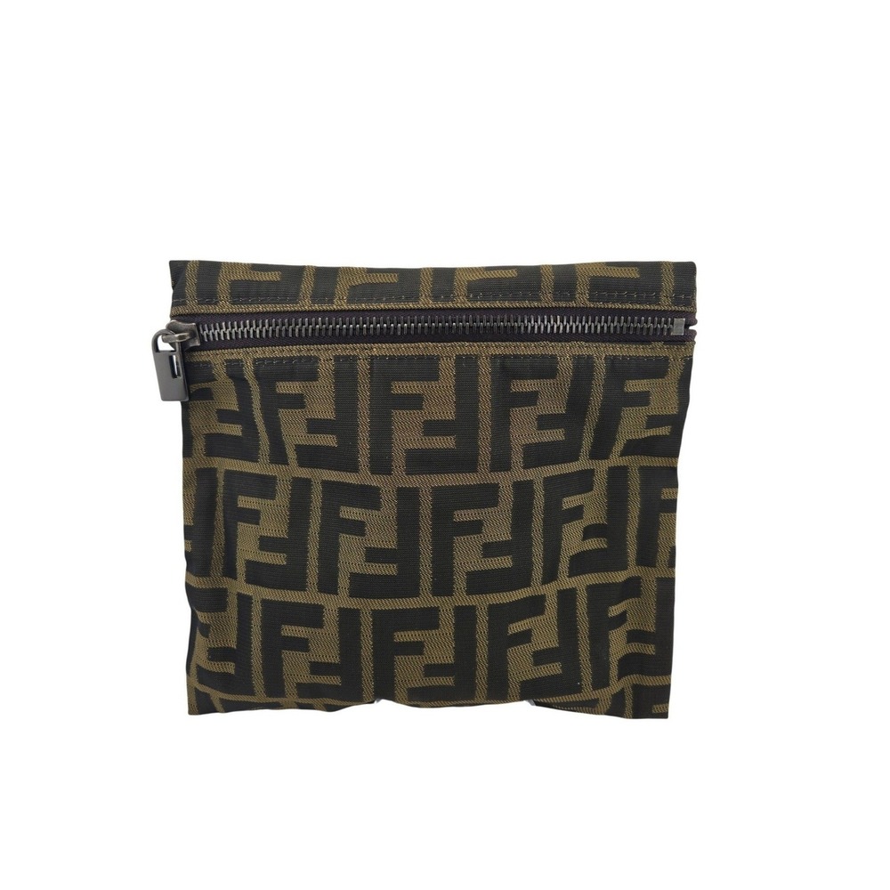 Fendi Zucca Canvas Pouch Brown Black FF Monogram Zip Clutch 7N0013-029